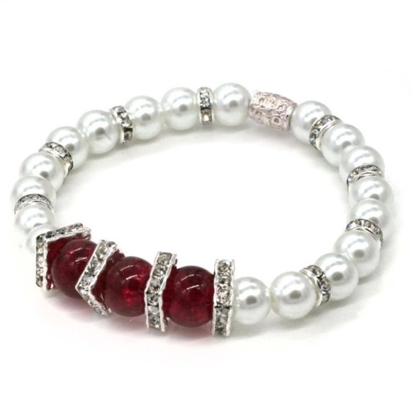 Bracelet Pearls and Red Crackled Beads Stretch. OS. - Picture 2 of 2